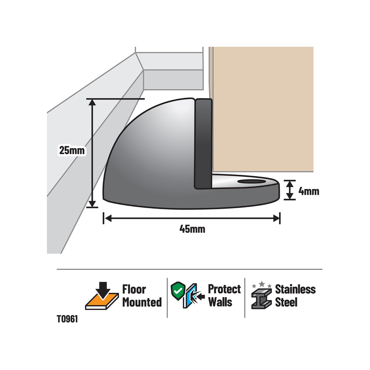 Adoored Half Moon Door Stop - 106mm - Stainless Steel - Wall Protection - SuperSaverAU - view 2