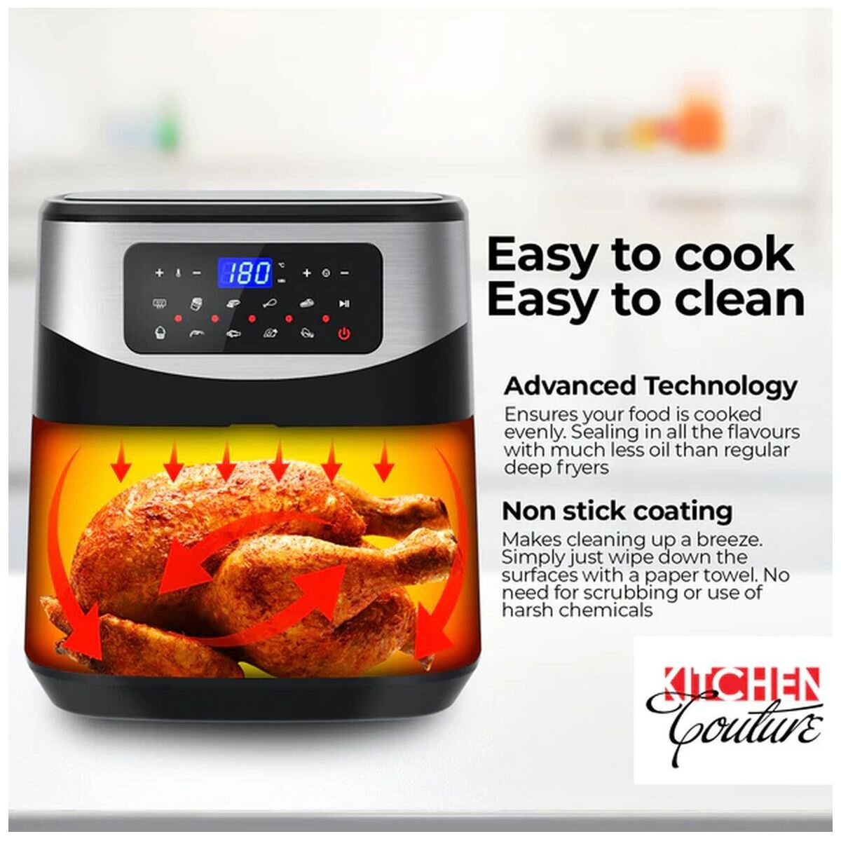Kitchen Couture Digital Air Fryer 12L - Stainless Steel - One-Touch Controls, Preset Functions - 10001717