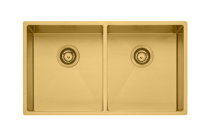 Oliveri Spectra double bowl sink - brushed gold 304 stainless steel, Softtone soundproofing - SB63AU