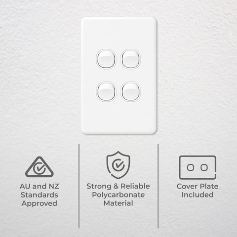 DETA X6 White Quad Vertical Switch 4 Gang 10A 240V Polycarbonate Indoor 6154VB