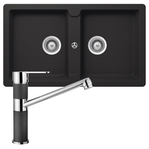 Abey Schock Typos Double Bowl Sink Pack - Onyx Black Cristalite Plus with 400456 Kitchen Mixer - TN200TB