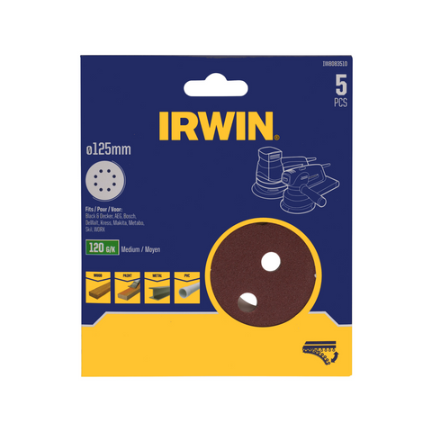 Irwin 125mm 120 Grit Quick Fit Random Orbital Sanding Discs, 8 Holes, 5 Pack