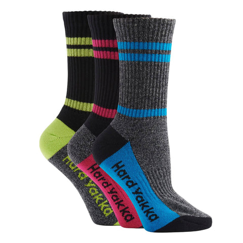 Hard Yakka Women's Crew Work Socks 3 Pack Multi-Coloured Size 3-8 Cotton Blend
