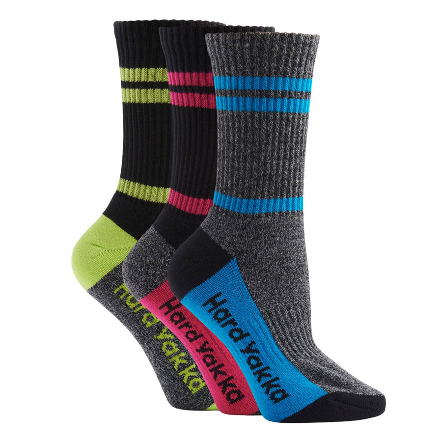 Hard Yakka Women's Crew Work Socks 3 Pack Multi-Coloured Size 3-8 Cotton Blend