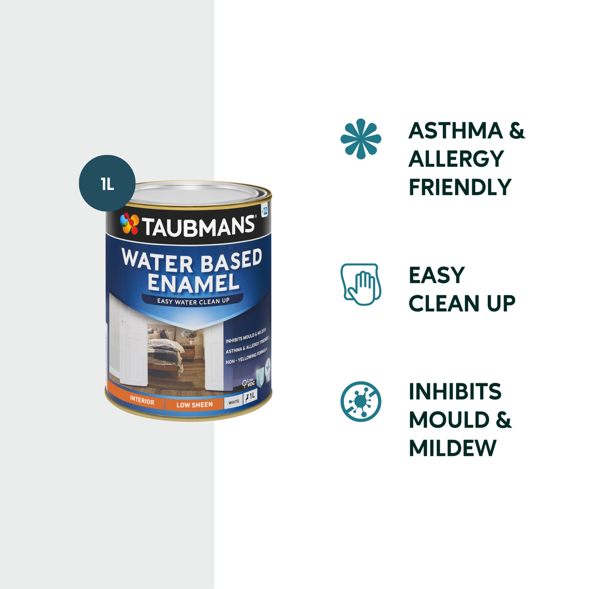 Taubmans 1L White Low Sheen Water Based Enamel Paint - Durable Finish - Asthma Friendly - SuperSaverAU - view 2
