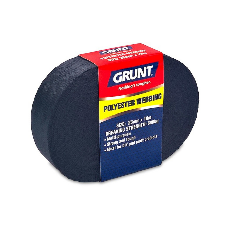 Grunt 25mm x 10m Heavy Duty Black Polyester Webbing - Strong - Pliable - 1100kg Breaking Strength - SuperSaverAU - view 1