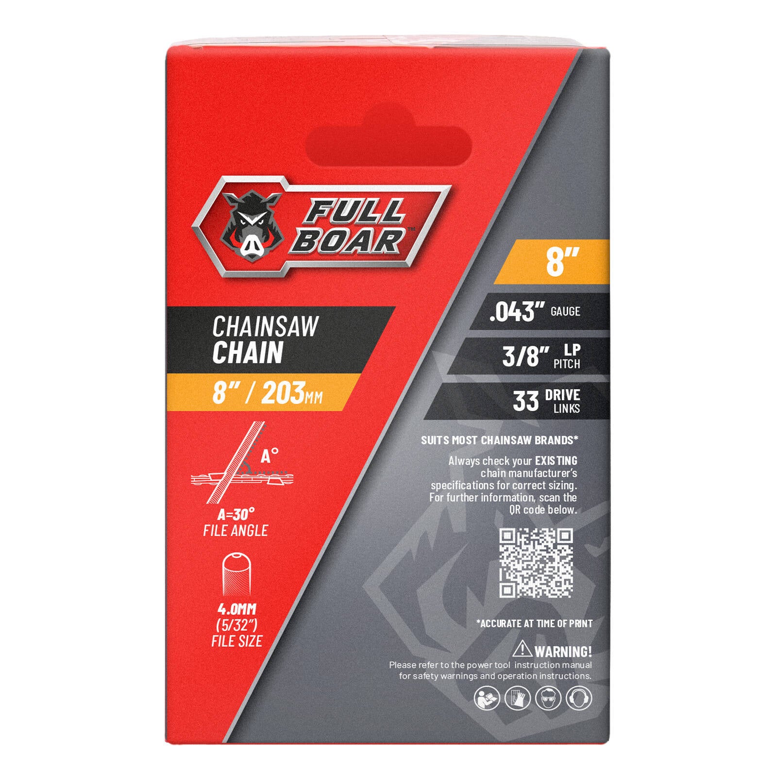 Full Boar 8" / 203mm Chainsaw Chain - 33 Drive Links, 9.53mm Pitch, 0.043 Gauge