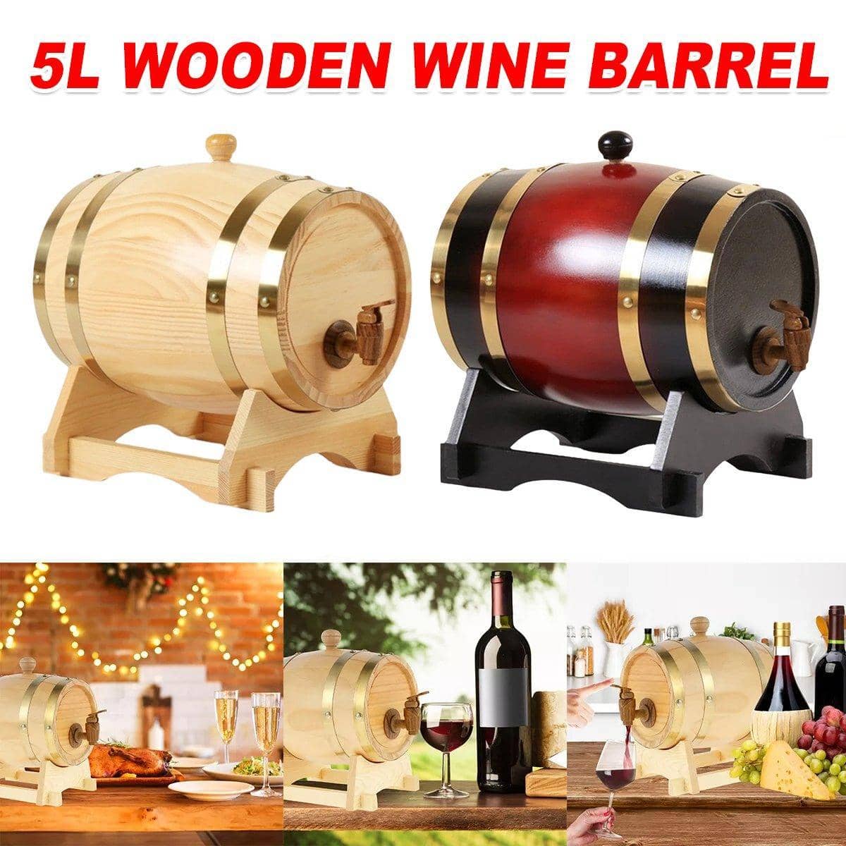 5L Wooden Wine Barrel with Stand and Resin Tap - Red - view 2