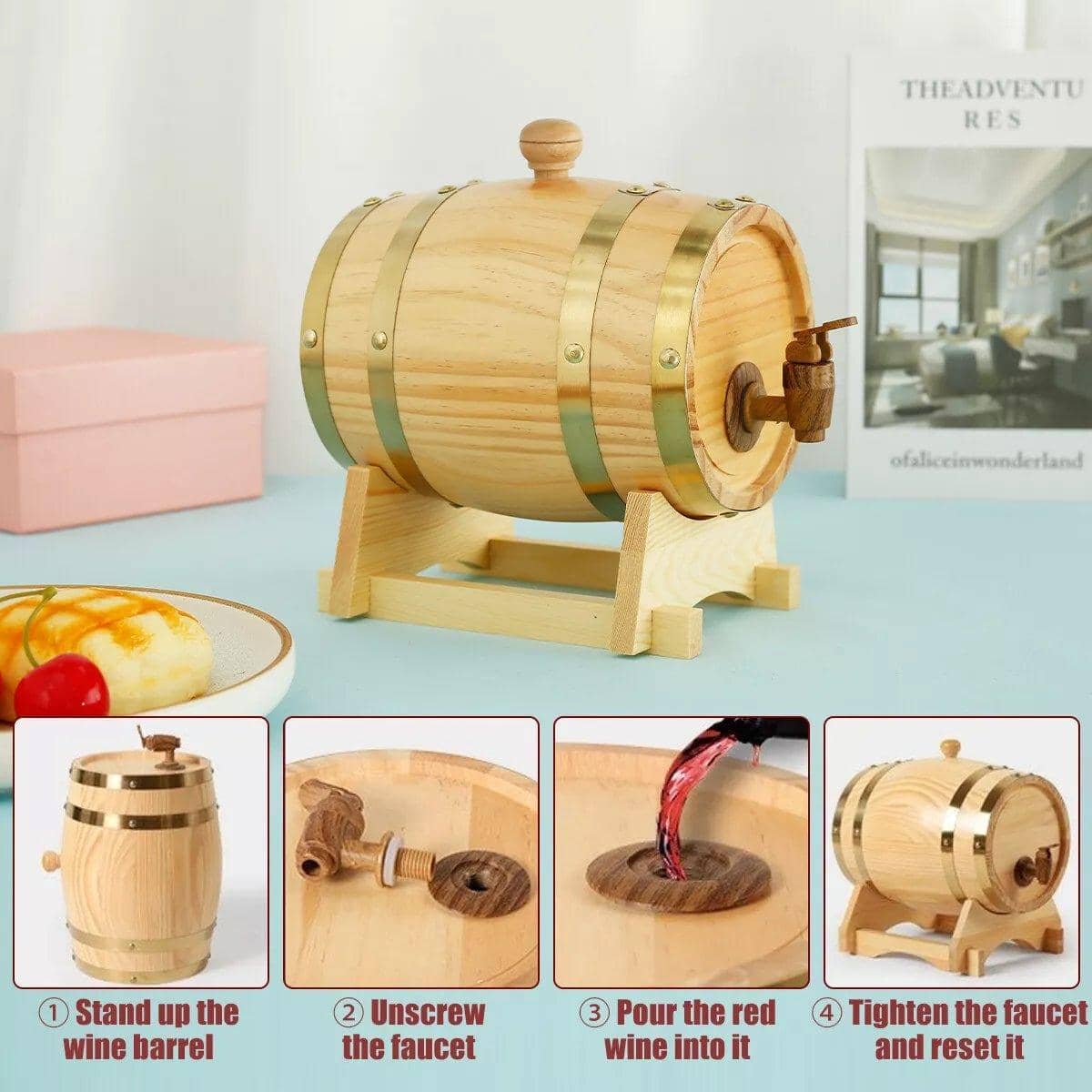 5L Wooden Wine Barrel with Stand and Resin Tap - Red - view 5