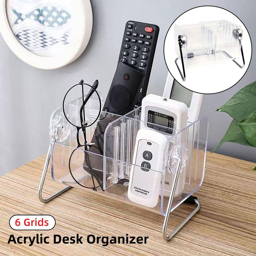 6 Compartment Remote Control Organiser - Clear Acrylic with Metal Frame