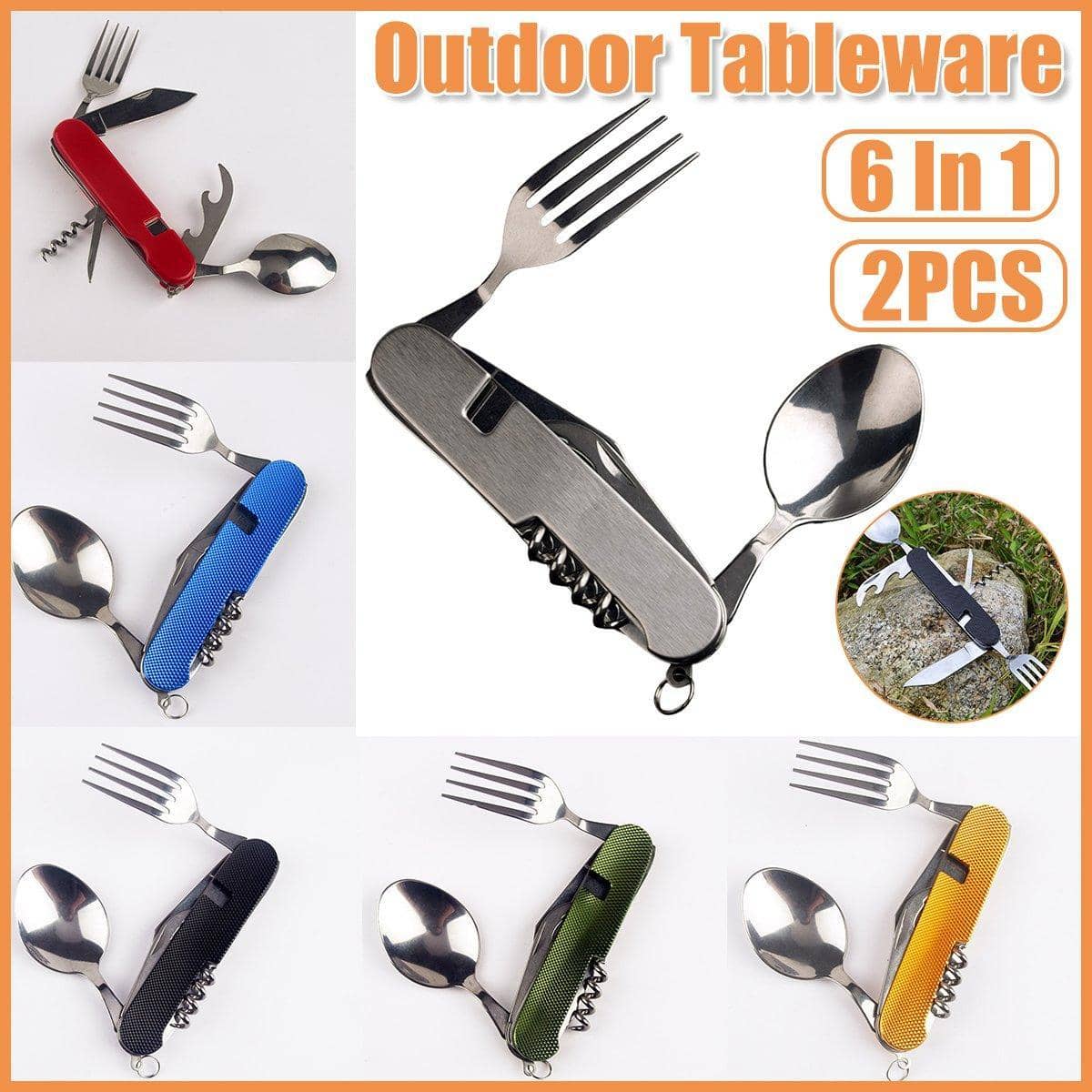 6-In-1 Folding Camping Knife, Fork and Spoon Multi-Tool, Pack of 2 - Red - view 2