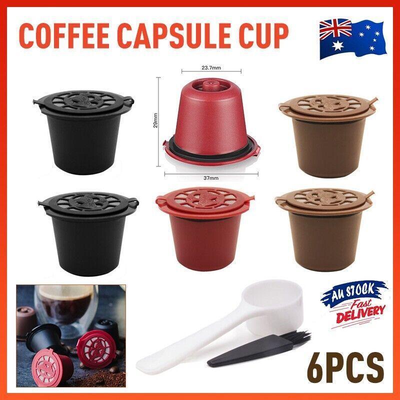 6 Piece Reusable Coffee Capsule Set for Nespresso Machines with Spoon and Brush