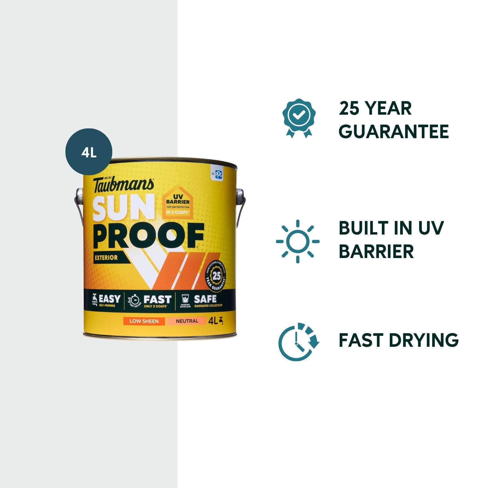 Taubmans Sunproof 4L Neutral Low Sheen Exterior Paint - UV Resistant, 16m2/L, Tintable