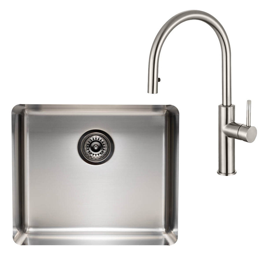 Titan Essentials 520mm Single Bowl Sink and Pull Out Gooseneck Mixer Tap Package - Stainless Steel - TSSSPK522