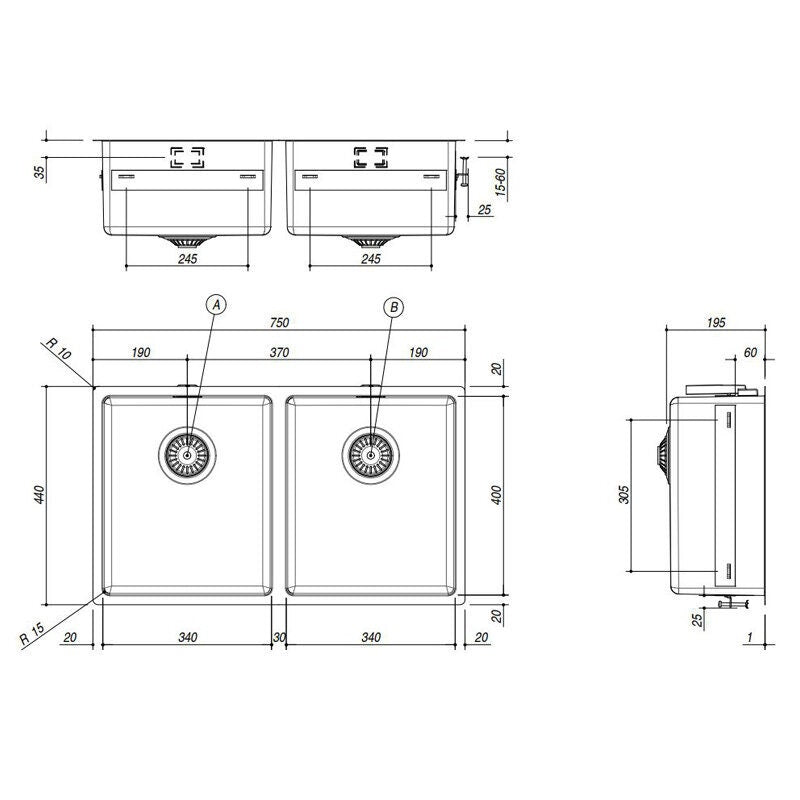 Barazza R15 double bowl sink - 1.2mm thick 304 stainless steel, topmount with overflow - 1X842I