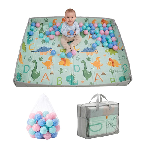 Baby Play Mat with Fold-Up Sides - Dinosaur Land - 24 Ball Pit Balls, XPE Foam, Carry Bag