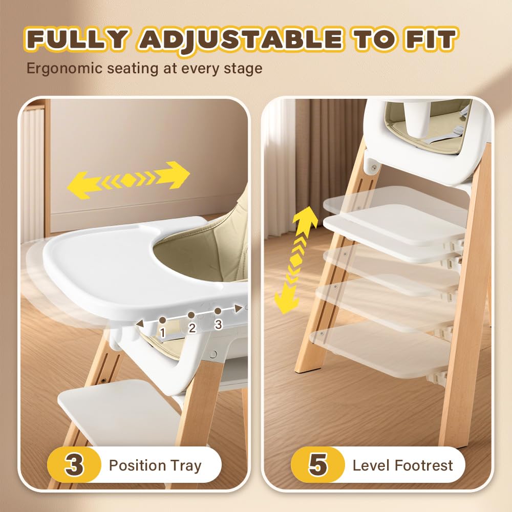 3-in-1 Wooden Baby High Chair - Khaki - 5-Point Harness, Food-Grade Tray, 5-Level Footrest