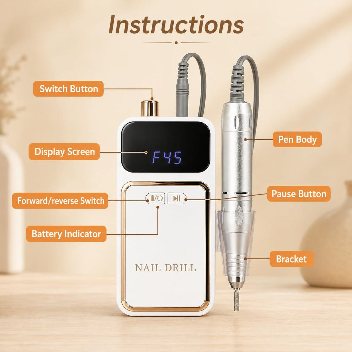 Portable Nail Drill 45,000 RPM - Manicure and Pedicure