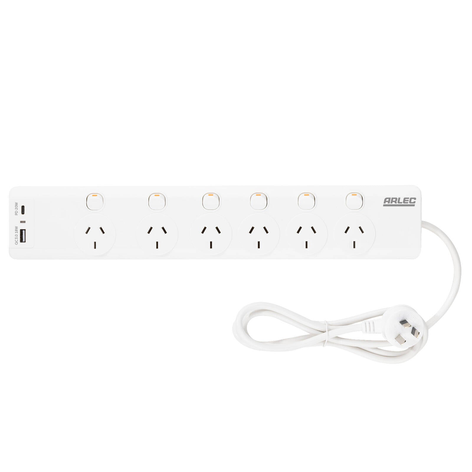 Arlec 6 Outlet Surge Protected Powerboard with PD20W USB Charging 1.8m White PB66UAC