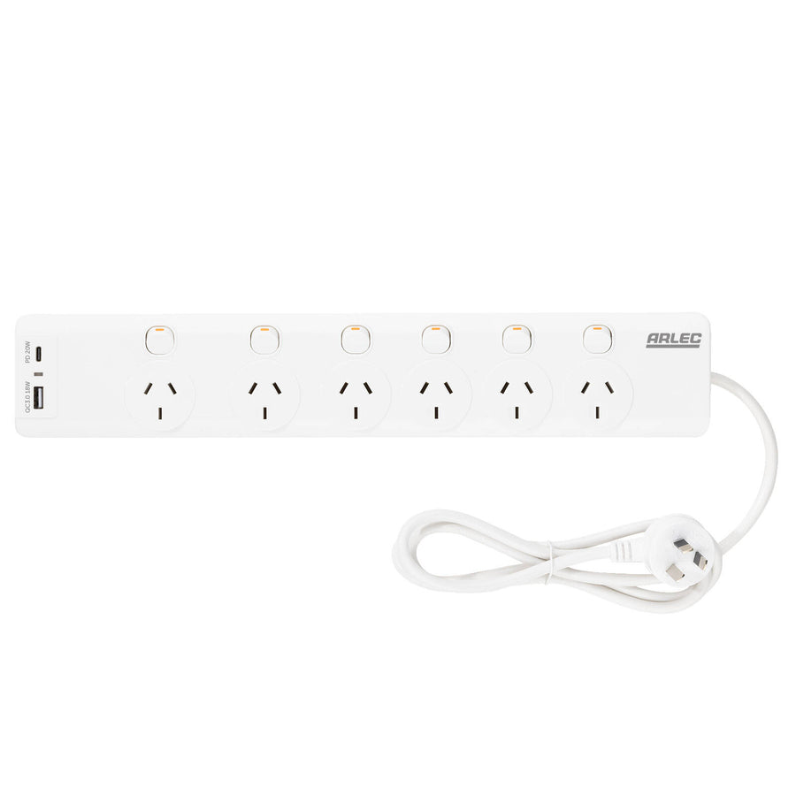 Arlec 6 Outlet Surge Protected Powerboard with PD20W USB Charging 1.8m White PB66UAC