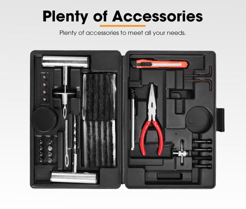 Tyre Puncture Repair Kit - 67 Piece - Tubeless Plug Kit, 0-50 PSI Gauge, Steel T Handle Tools and Carry Case for 4WD