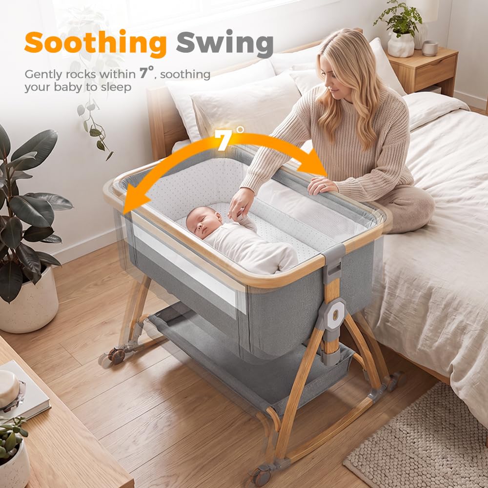 3-in-1 Baby Bassinet and Bedside Sleeper - Grey - 6 Height Levels, Rocking Cradle, Mattress Included