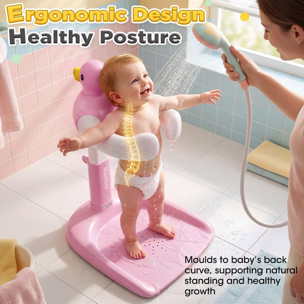 Baby Bath Shower Stand - Pink - 9 Height Levels, Anti-Slip Base, Anti-Pinch Silicone