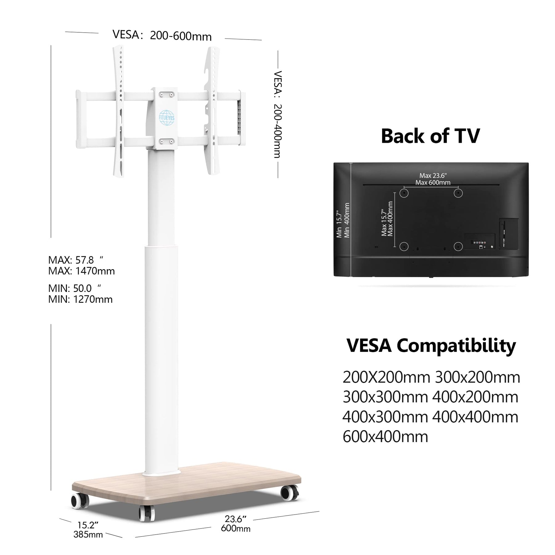 Tall Mobile TV Stand with Wood Base for 32-65 Inch TVs - White - Swivel Mount, Height Adjustable, on Wheels