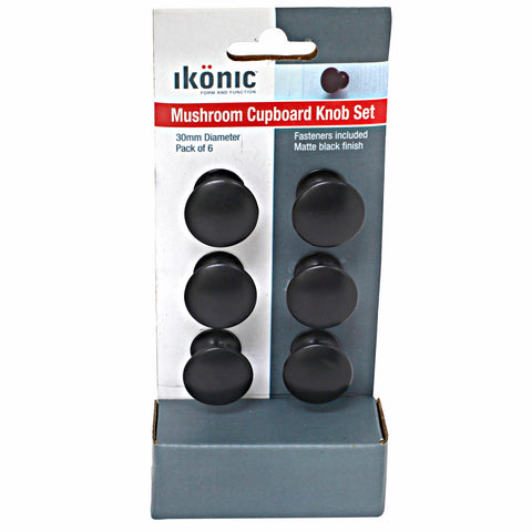 Ikonic Matt Black Cupboard Knob Set, 6 Piece Metal Knobs for Cabinets