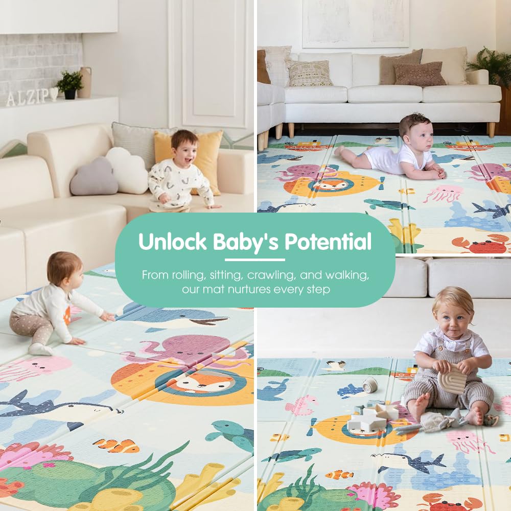 Foldable Baby Play Mat 200 x 180cm - Submarine World - 1cm XPE Foam, Reversible, Travel Bag