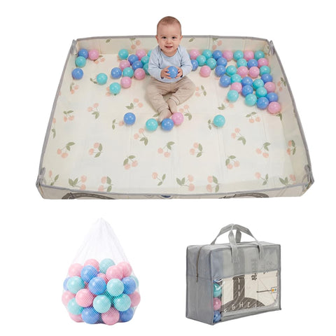 Baby Play Mat with Fold-Up Sides - Cherry - 24 Ball Pit Balls, XPE Foam, Carry Bag