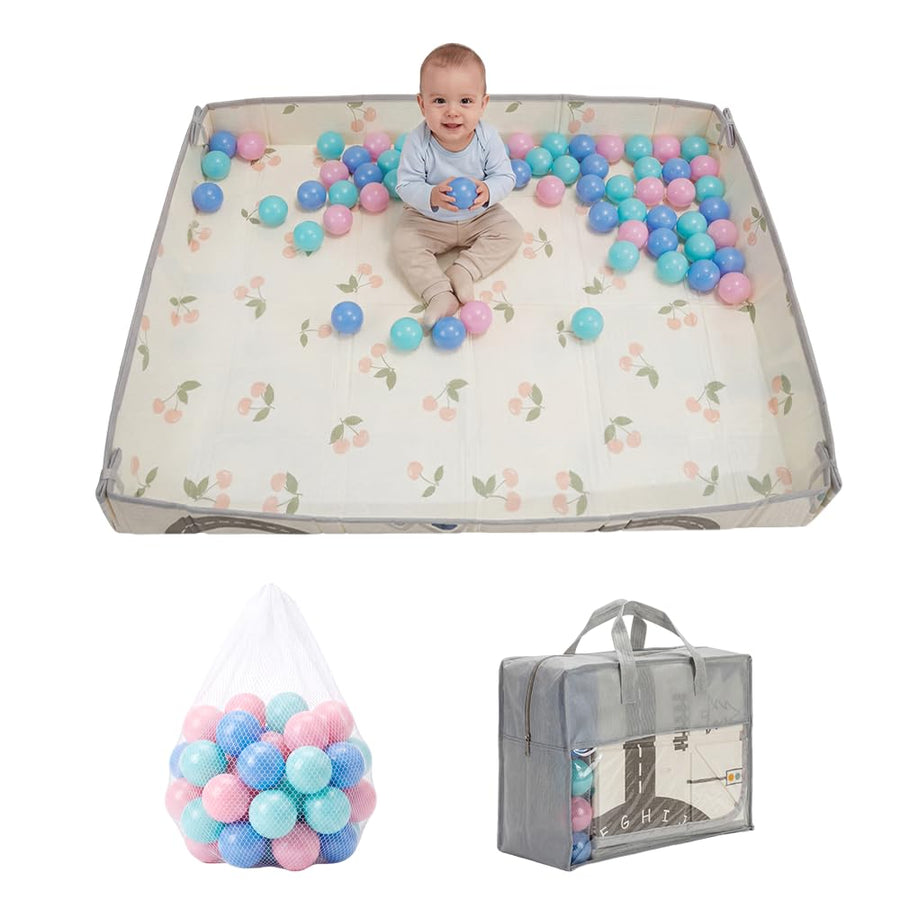 Baby Play Mat with Fold-Up Sides - Cherry - 24 Ball Pit Balls, XPE Foam, Carry Bag