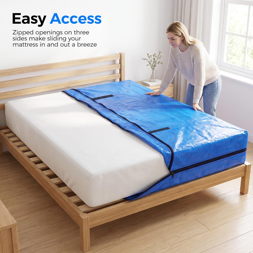 Mattress Bag for Moving and Storage - Double - 120gsm PE Tarp, 8 Heavy Duty Handles, Zip on Three Sides, Water Resistant