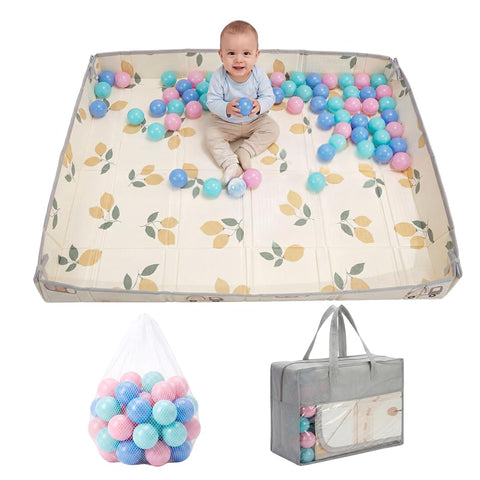 Baby Play Mat with Fold-Up Sides - Lemon Galore - 24 Ball Pit Balls, XPE Foam, Carry Bag