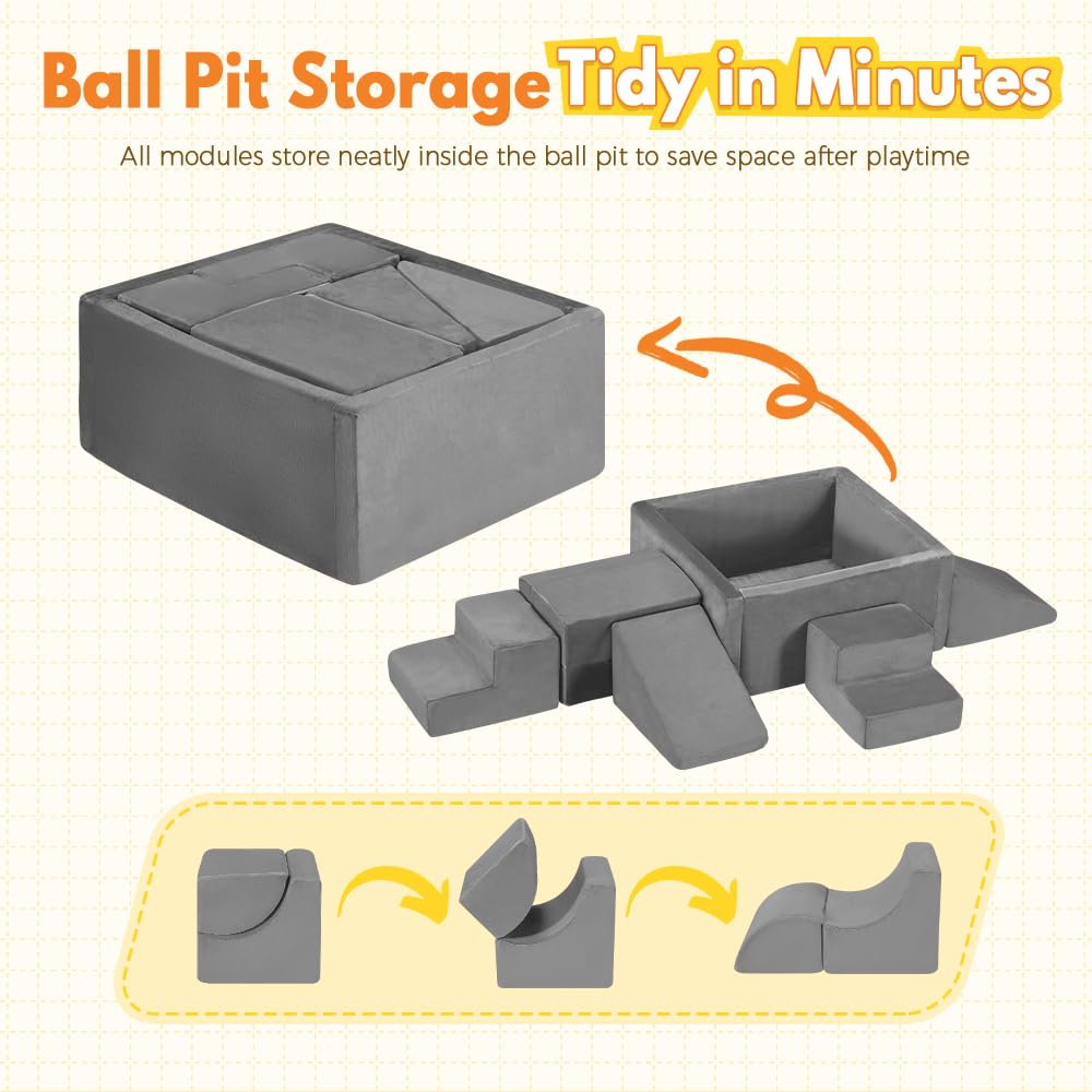 Soft Play Set 6 Piece - Grey - Ball Pit, Ramp, Steps and Slope, High-Density Memory Foam