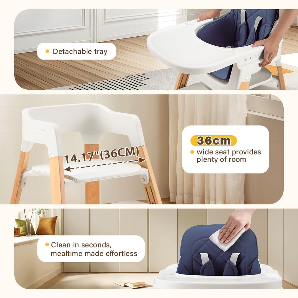 3-in-1 Wooden Baby High Chair - Blue - 5-Point Harness, Food-Grade Tray, 5-Level Footrest