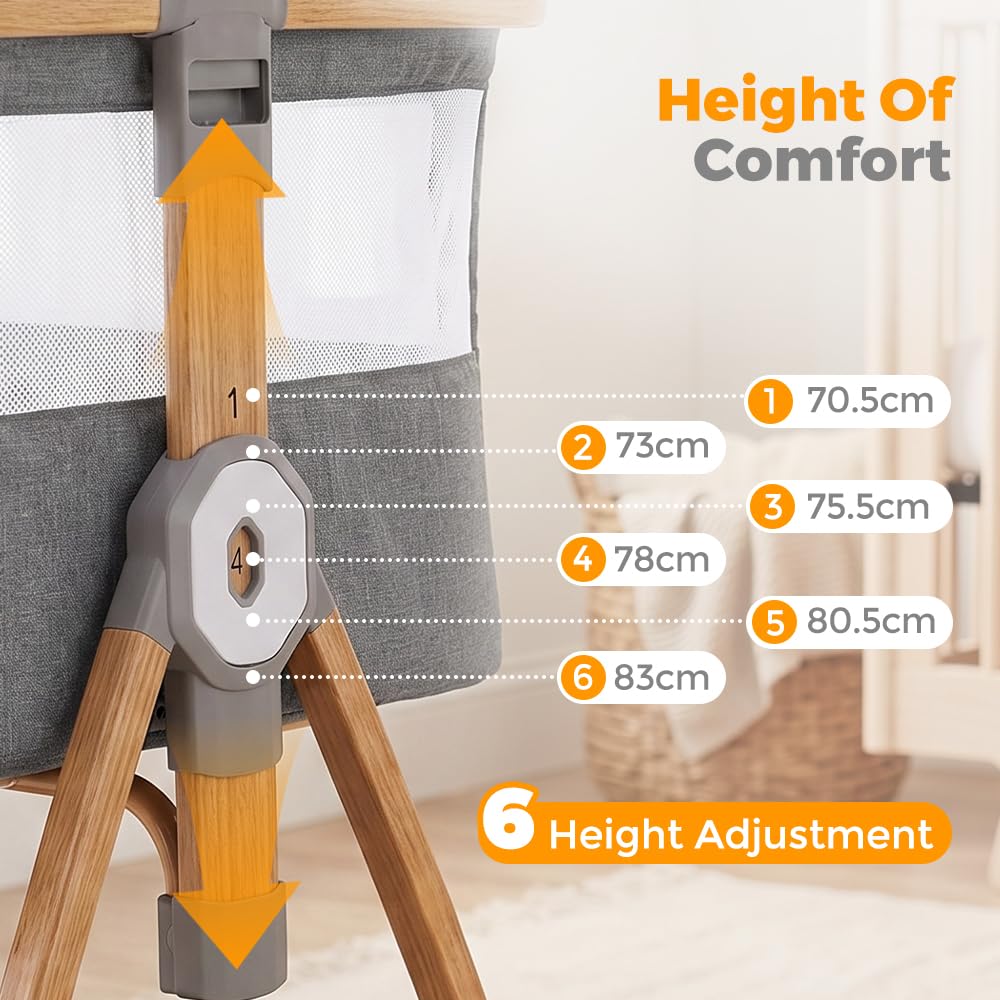3-in-1 Baby Bassinet and Bedside Sleeper - Grey - 6 Height Levels, Rocking Cradle, Mattress Included