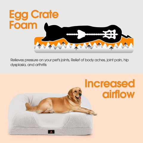 Dog Sofa Bed with High Sides - White, Medium 71 x 58 x 18cm - Teddy Velvet, Memory Foam, Three Sided Bolsters
