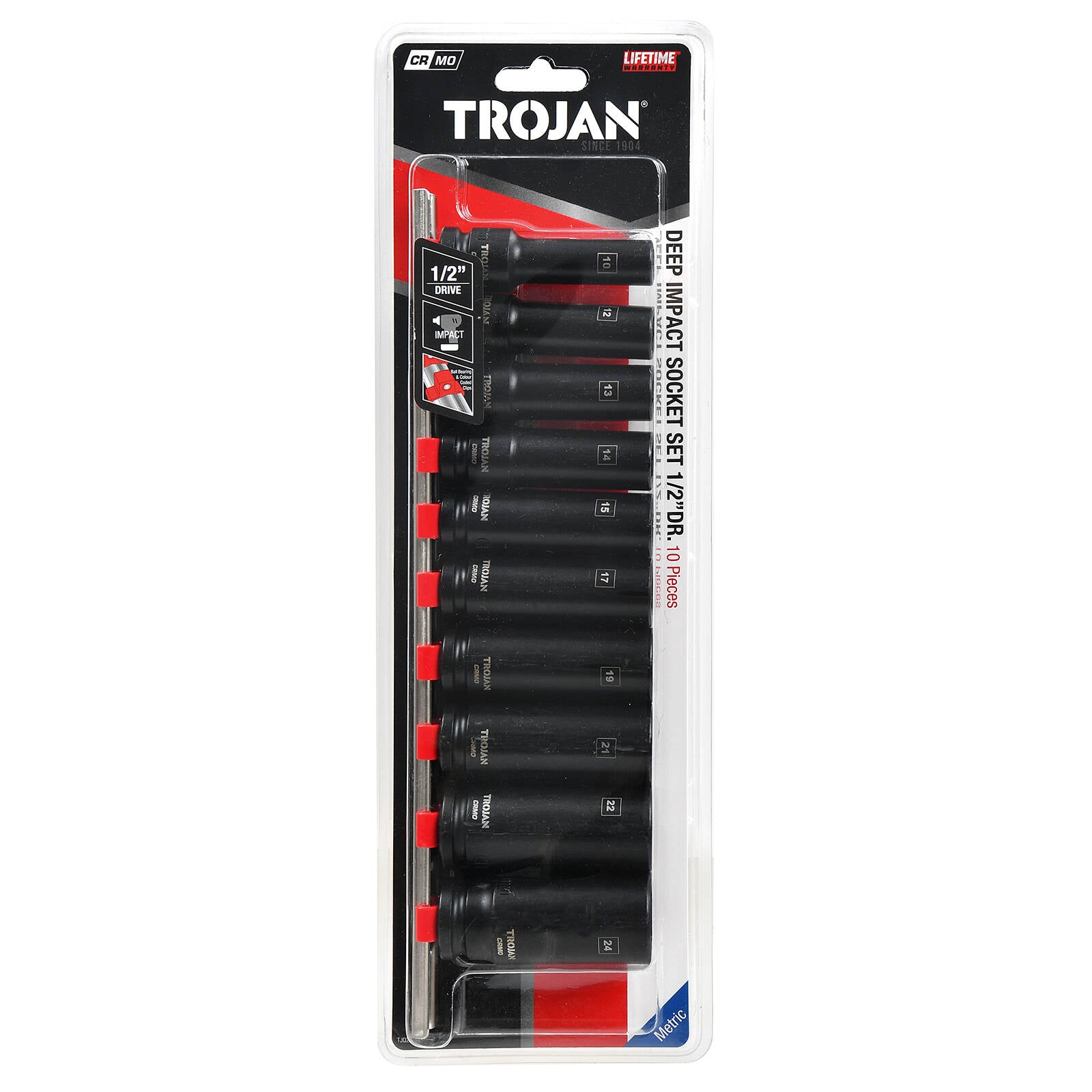 Trojan 10 Piece Deep Impact Socket Rail Set 1/2" Drive 10-24mm 6 Point