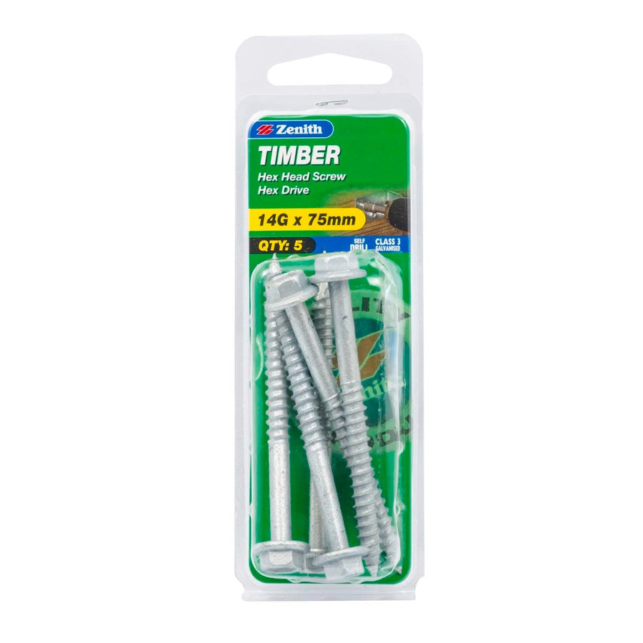Zenith Timber Screws - 14g x 75mm - Galvanised - Hex Head - 5 Pack - SuperSaverAU - view 1