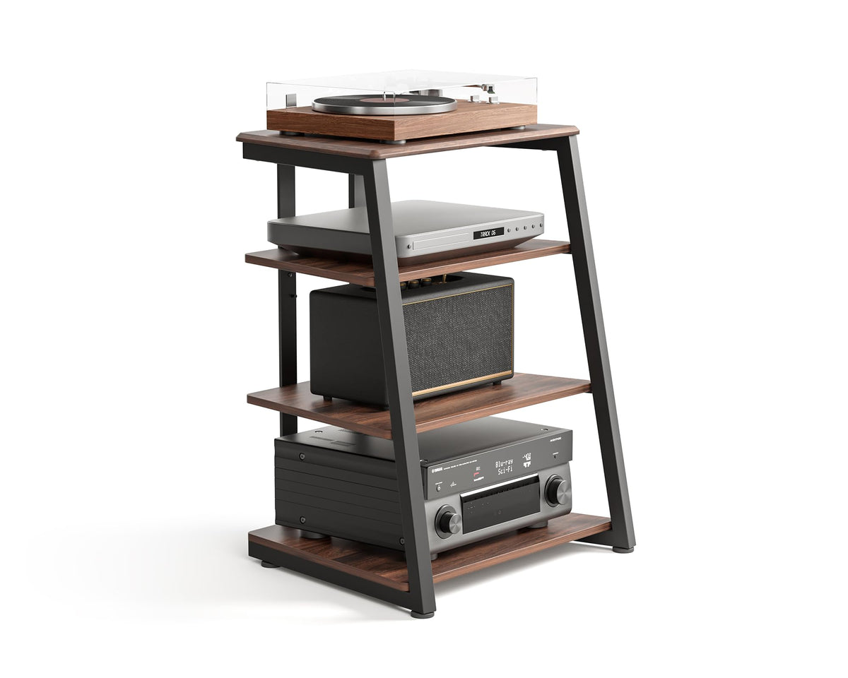 4 Tier Media Stand - Walnut - Adjustable Corner Shelf for Turntable, Console, AV Receiver and Speakers