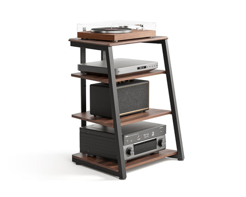 4 Tier Media Stand - Walnut - Adjustable Corner Shelf for Turntable, Console, AV Receiver and Speakers