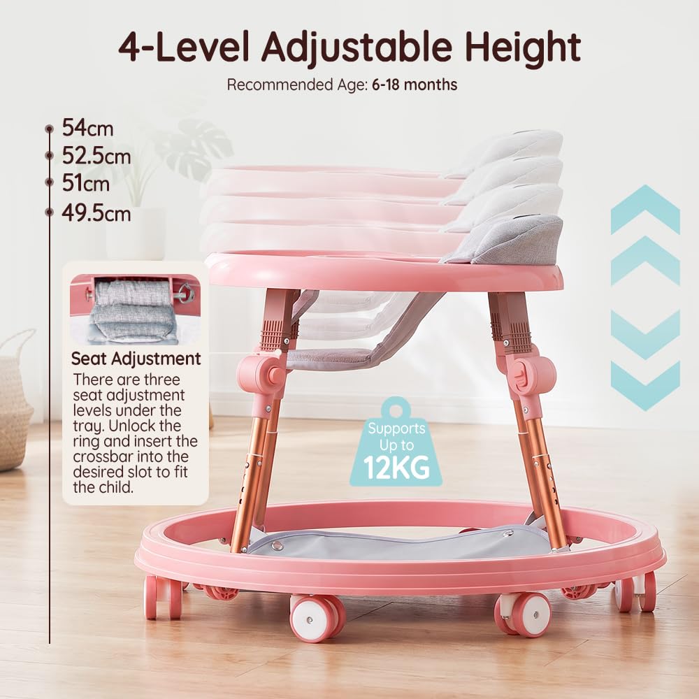 3-in-1 Baby Walker and Activity Table - Pink - 4 Height Positions, Folding Frame, 6-18 Months