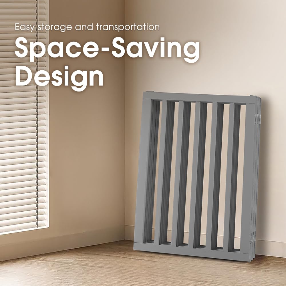 Foldable Dog Gate 6 Panel - Grey, 282 x 61cm - No Drill Freestanding, 180 Degree Hinges, Wooden Panels