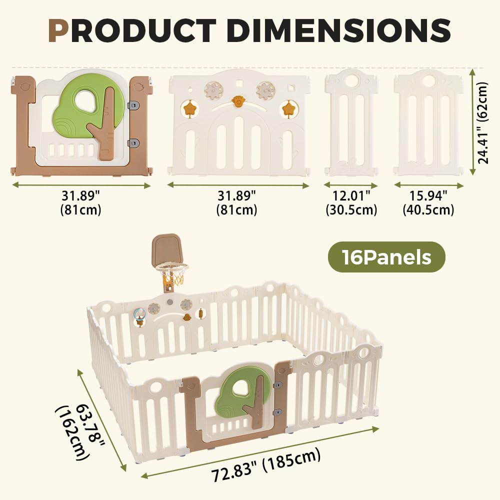 Baby Playpen 16 Panels - 185 x 162cm - Foldable HDPE, Activity Game Panel, EN71 Certified