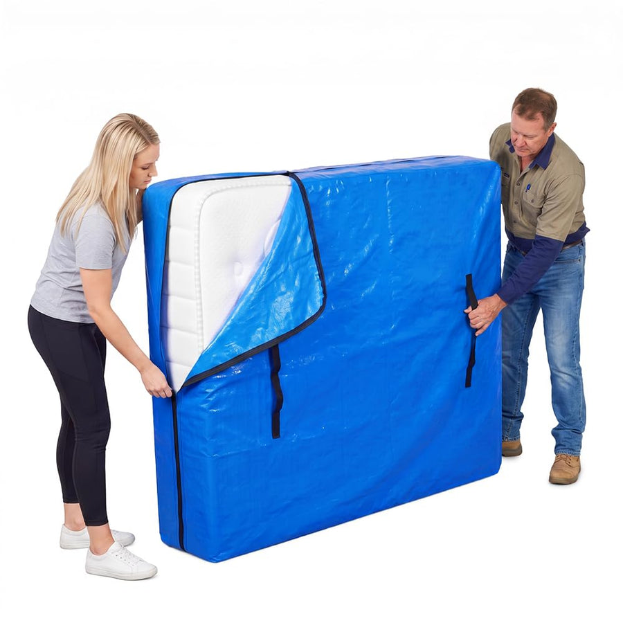 Mattress Bag for Moving and Storage - Double - 120gsm PE Tarp, 8 Heavy Duty Handles, Zip on Three Sides, Water Resistant