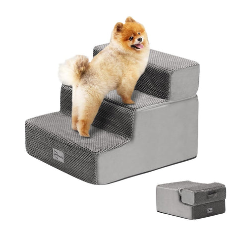 3 Step Dog Stairs 35cm High - Grey - High Density Foam with Support Boards, Non Slip Corduroy Cover