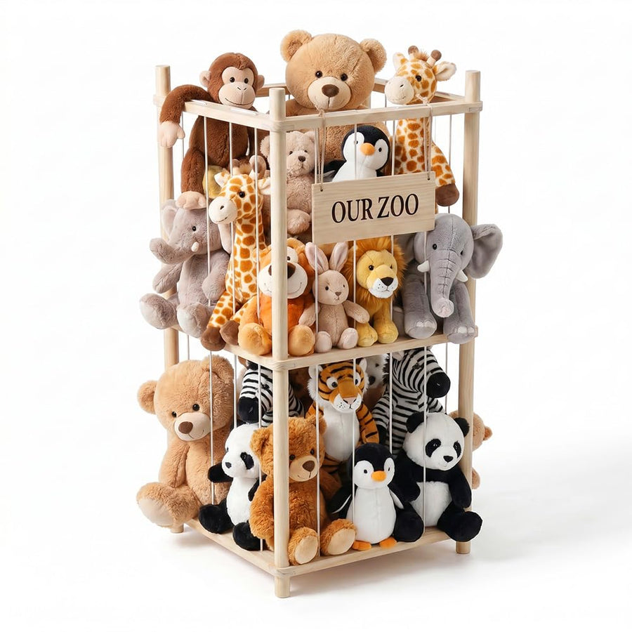 Soft Toy Storage Tower 2-Tier - Natural Wood 94.5cm - Holds 30+ Plush Toys, Elastic Bar Shelves