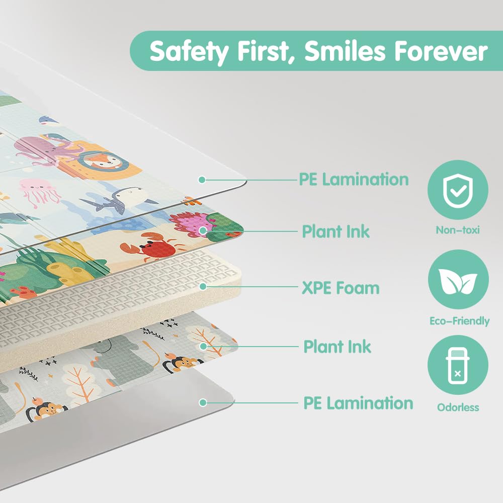 Foldable Baby Play Mat 200 x 180cm - Submarine World - 1cm XPE Foam, Reversible, Travel Bag