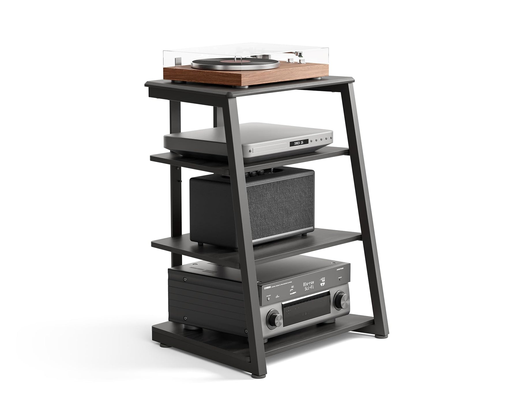 4 Tier Media Stand - Black - Adjustable Corner Shelf for Turntable, Console, AV Receiver and Speakers